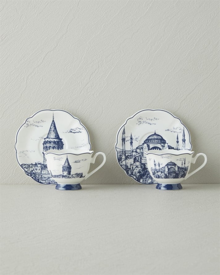 İstanbul New Bone China 4 Parça 2 Kişilik Kahve Fincanı 90 ml Beyaz - Lacivert