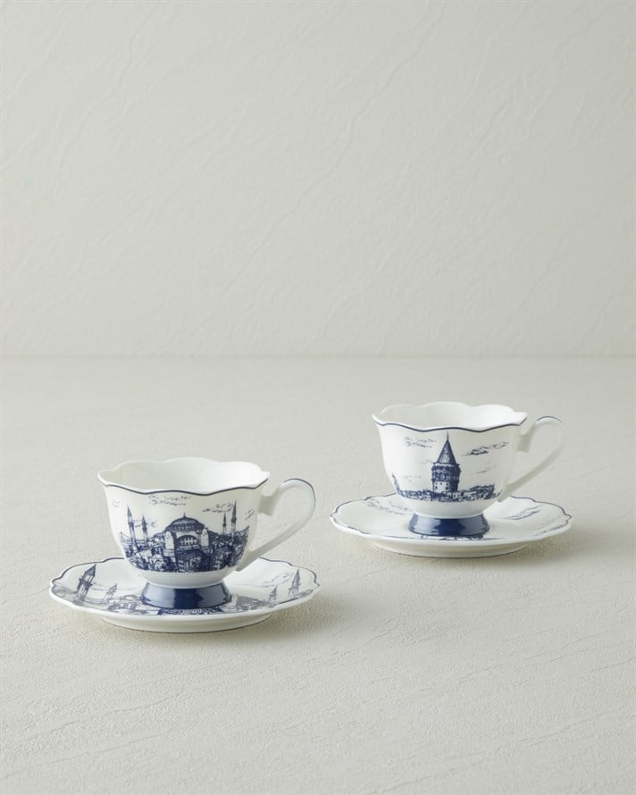 İstanbul New Bone China 4 Parça 2 Kişilik Kahve Fincanı 90 ml Beyaz - Lacivert