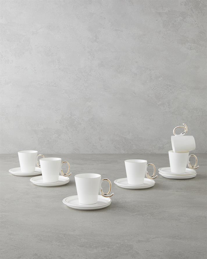 Ivory Porselen 12 Parça 6 Kişilik Kahve Fincan Takımı 85 ml Beyaz-Gold