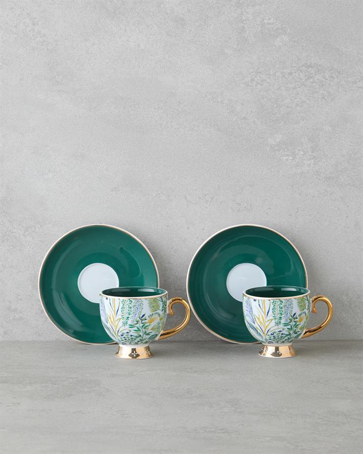 Leafora New Bone China 4 Parça 2 Kişilik Kahve Fincan Takımı 100 ml Yeşil-Mavi
