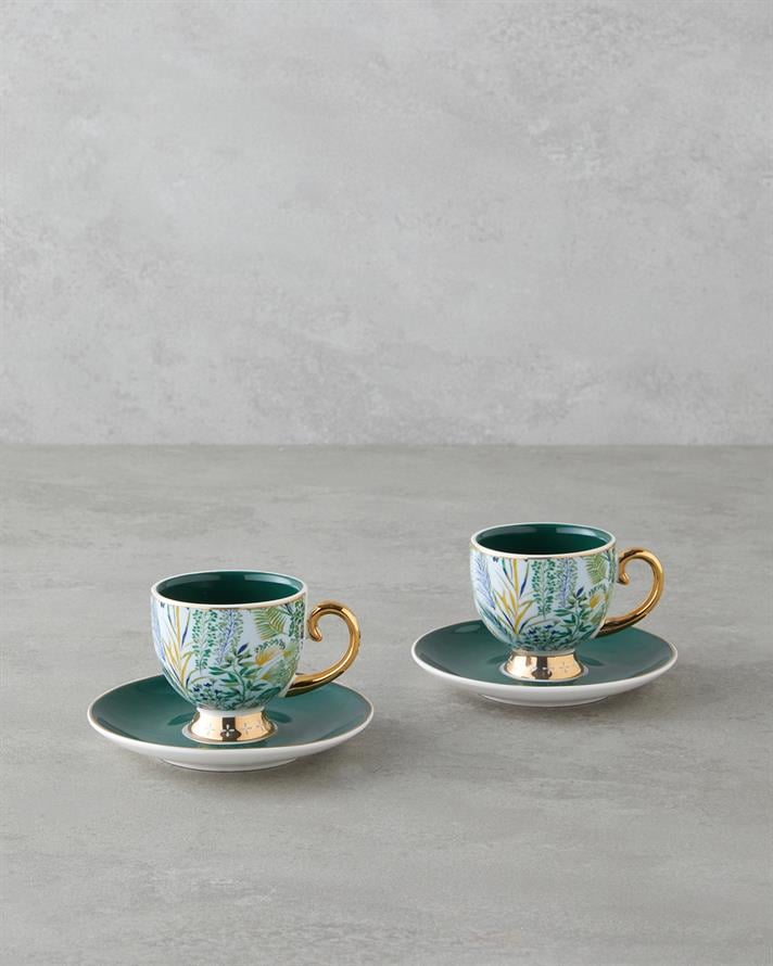 Leafora New Bone China 4 Parça 2 Kişilik Kahve Fincan Takımı 100 ml Yeşil-Mavi