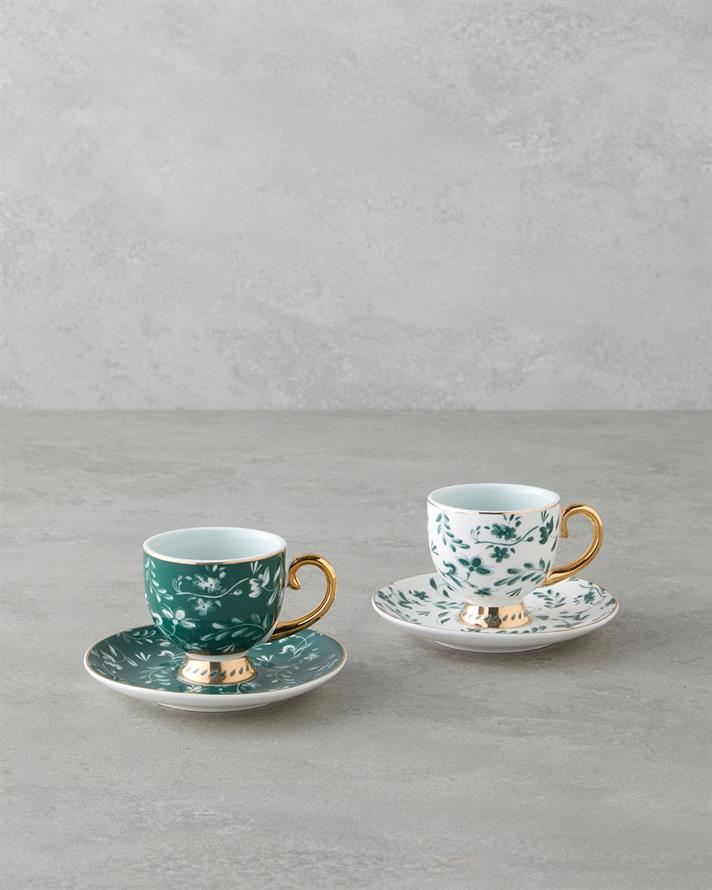 Leafscape New Bone China 4 Parça 2 Kişilik Kahve Fincan Takımı 100 ml Beyaz - Yeşil