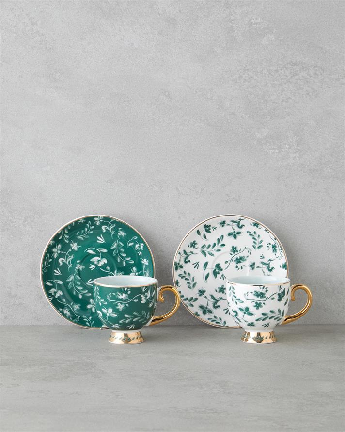 Leafscape New Bone China 4 Parça 2 Kişilik Kahve Fincan Takımı 100 ml Beyaz - Yeşil