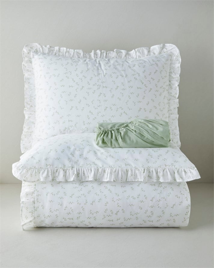 Leafy Fırfırlı Pamuk King Size Çarşaflı Nevresim Takımı 240x220 cm Yeşil