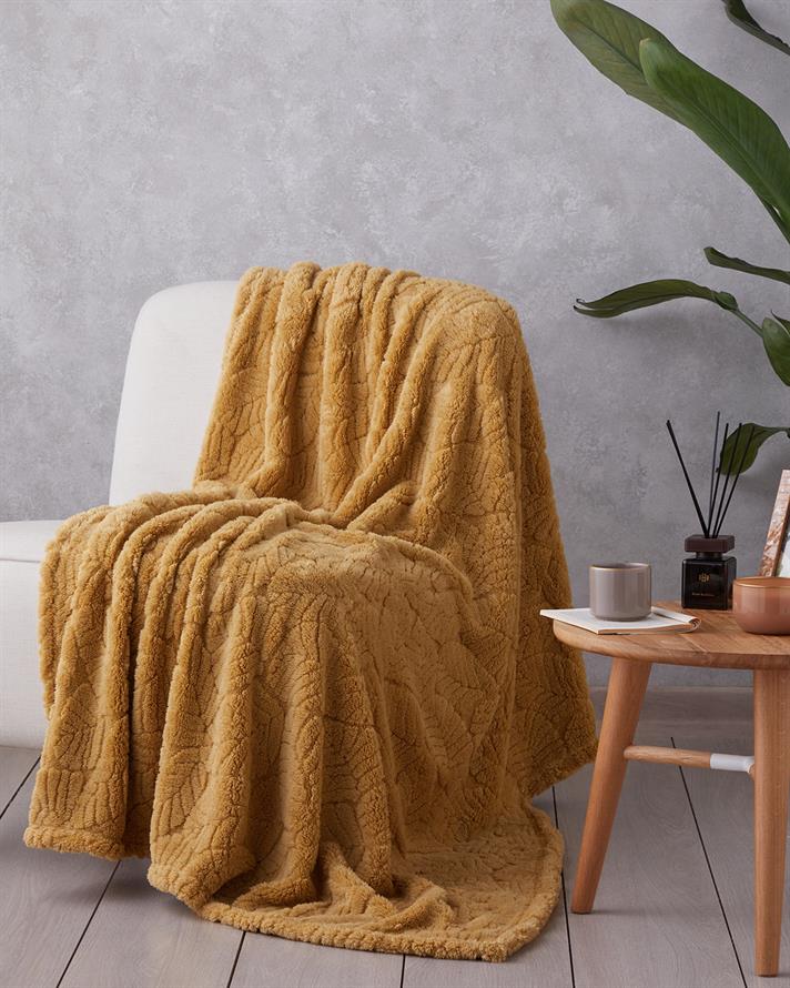 Leafy Garden Jakarlı Wellsoft Tv Battaniye 120x160 cm Hardal