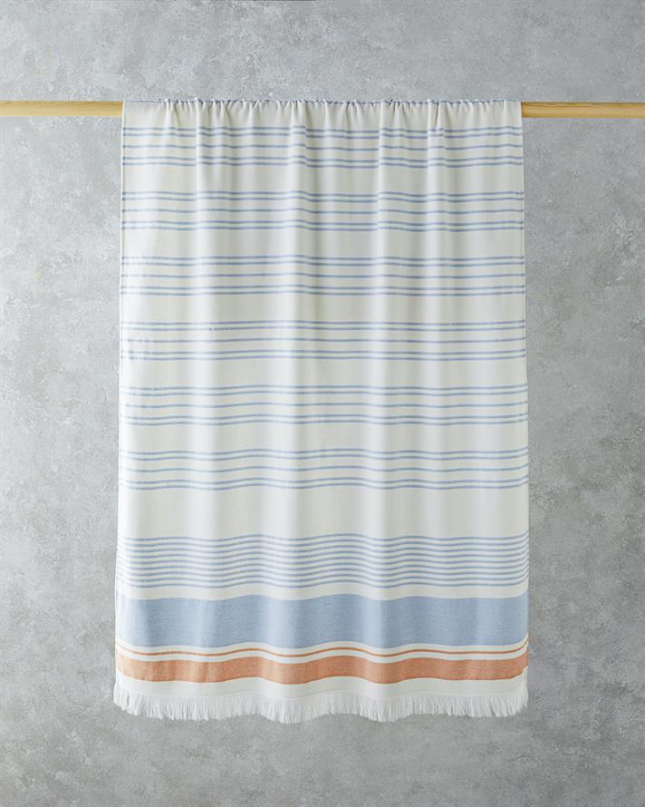 Liny Pamuklu Çizgili Plaj Havlusu 90x150 cm Ekru-Mavi-Turuncu