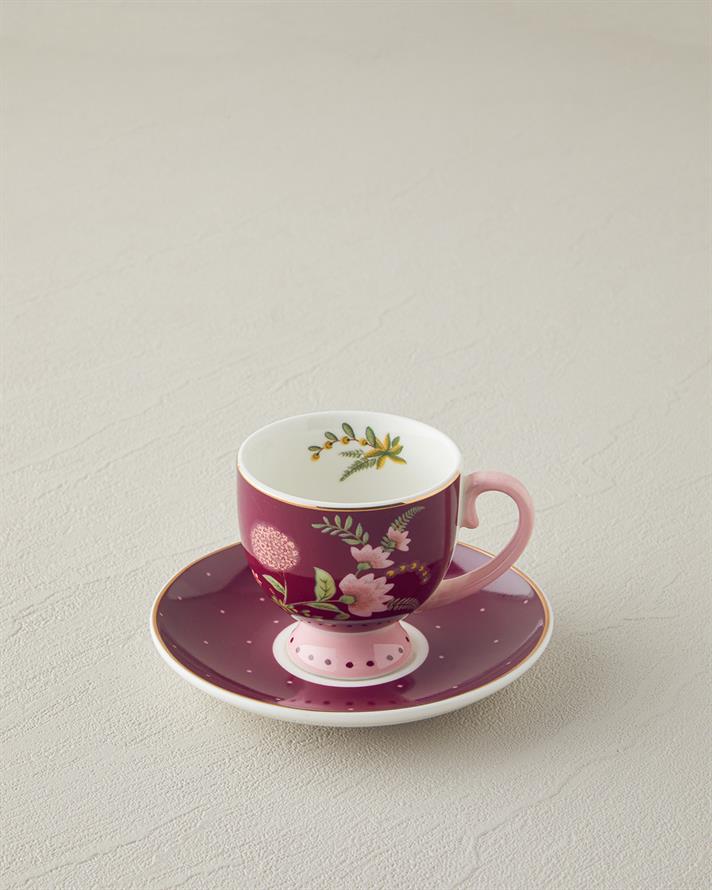 Loly New Bone China 4 Parça 2 Kişilik Kahve Fincan Takımı 100 ml Bordo