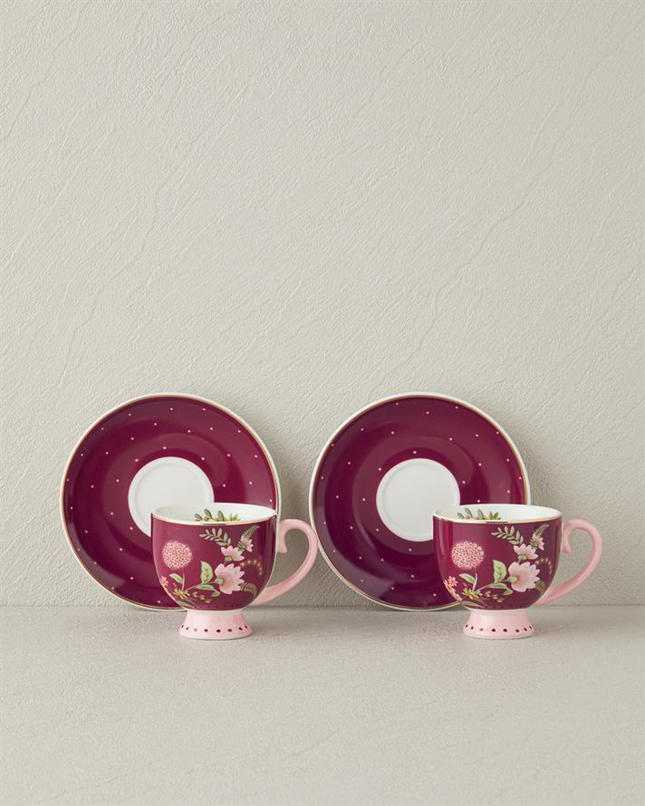 Loly New Bone China 4 Parça 2 Kişilik Kahve Fincan Takımı 100 ml Bordo