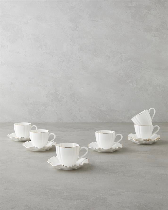 Lumen New Bone China 12 Parça 6 Kişilik Kahve Fincan Takımı 90 ml Beyaz-Gold