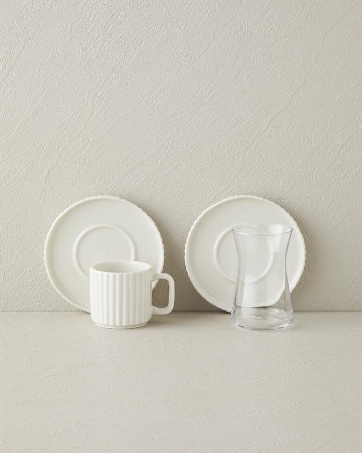 Lunara Porselen 18 Parça 6 Kişilik Çay-Kahve Takımı 170-90 ml Beyaz