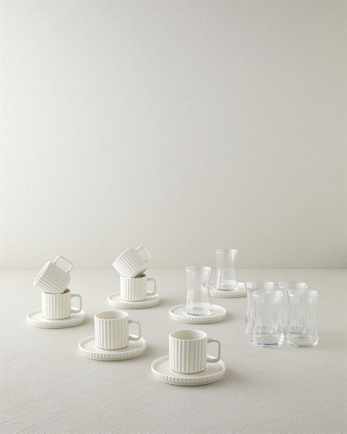 Lunara Porselen 18 Parça 6 Kişilik Çay-Kahve Takımı 170-90 ml Beyaz