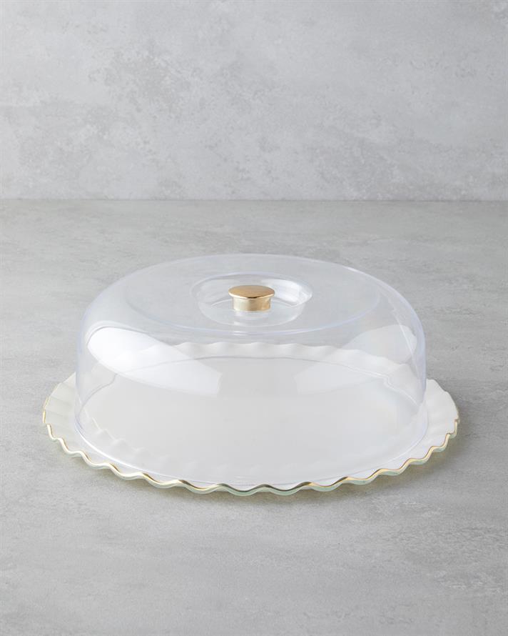 Lustre Cam Kapaklı Kek Standı Krem-Gold