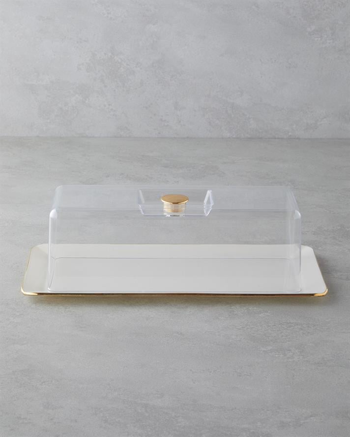 Lustre Cam Kapaklı Kek Standı Krem-Gold