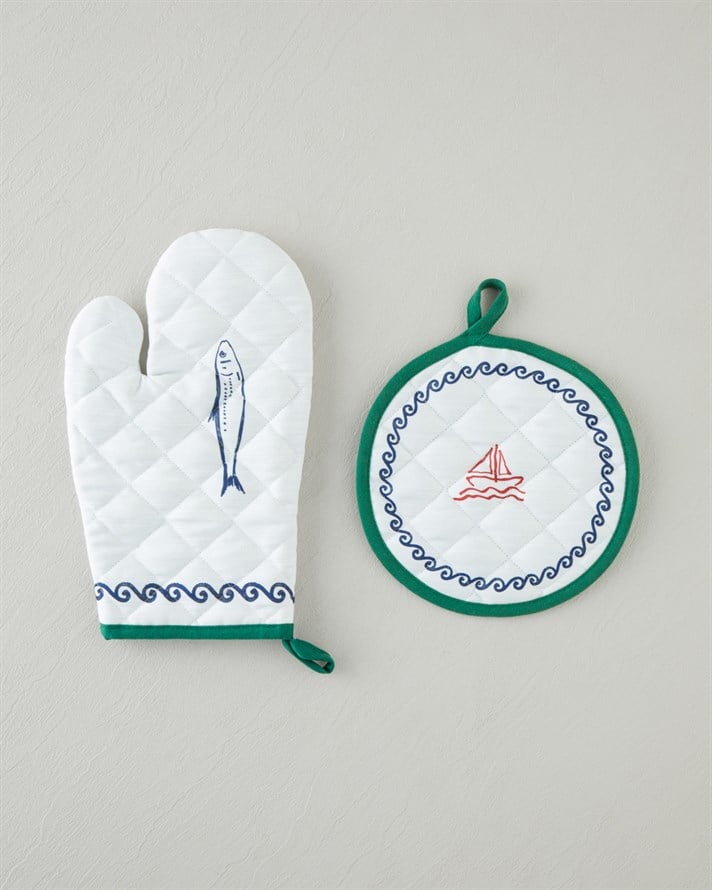 Maritime Melody 2li Fırın Eldiveni ve Tutacak Seti Beyaz - Yeşil