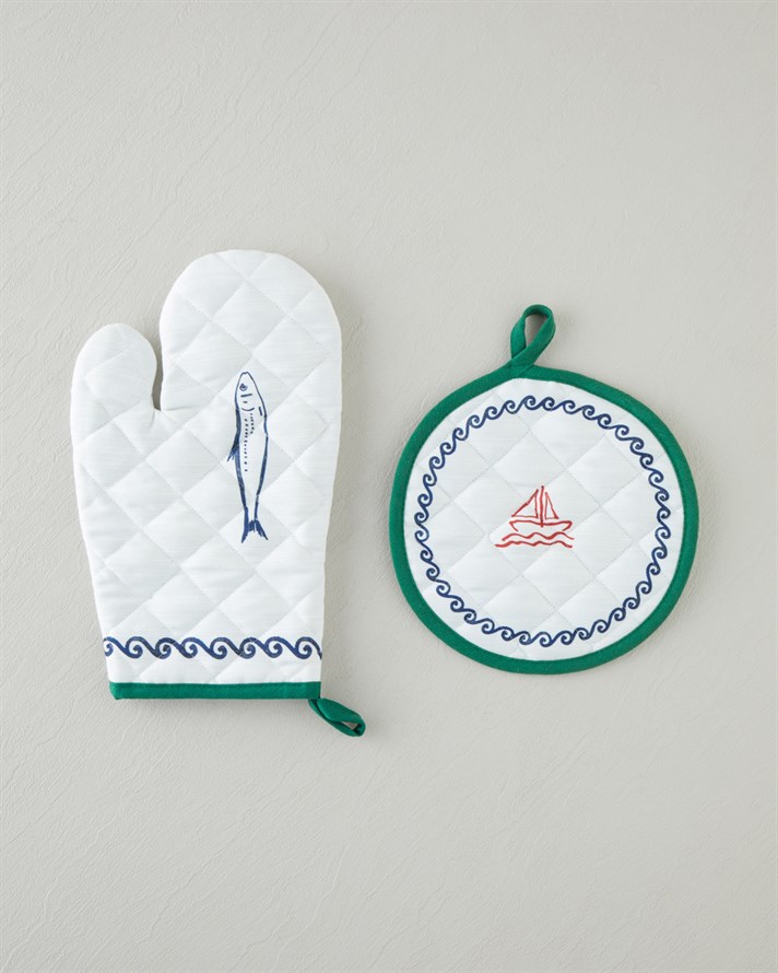 Maritime Melody 2li Fırın Eldiveni ve Tutacak Seti Beyaz - Yeşil