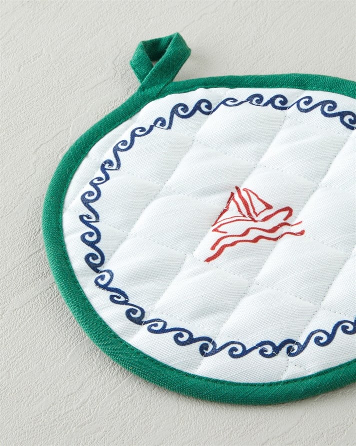 Maritime Melody 2li Fırın Eldiveni ve Tutacak Seti Beyaz - Yeşil