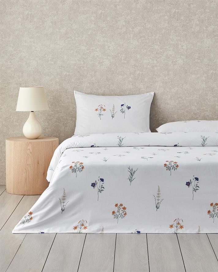 Meadow Magic Pamuk Tek Kişilik Çarşaflı Nevresim Takımı 160x220 cm Turuncu-Mavi