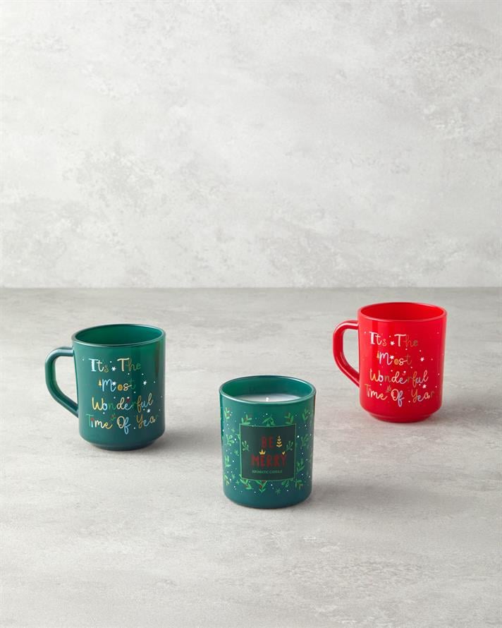 Merry Merry Cam 2li ve Mumlu Yılbaşı Kupa 250 ml Kırmızı - Yeşil