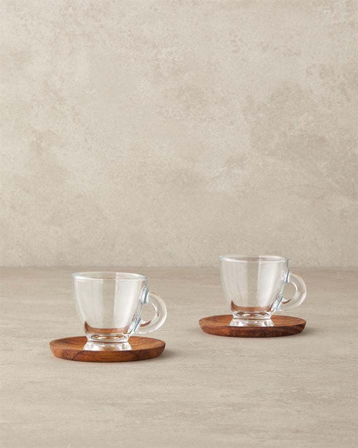 Miya Cam Ahşap Tabaklı Kahve Fincan Takımı 4 Parça 2 Kişilik