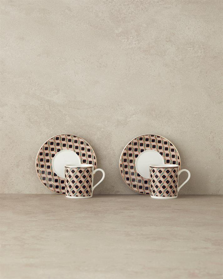 Modern Cube Bone Porselen Kahve Fincan Takımı 4 Parça 2 Kişilik Yeşil