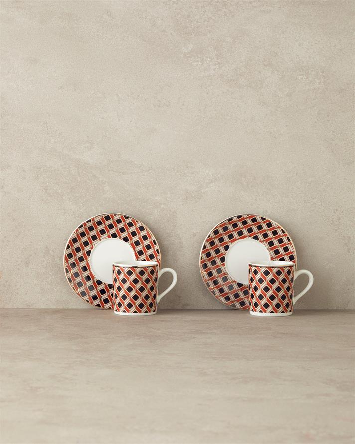 Modern Cube Bone Porselen Kahve Fincan Takımı 4 Parça 2 Kişilik Turuncu