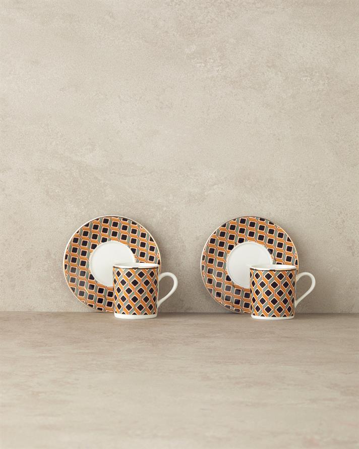 Modern Cube Bone Porselen Kahve Fincan Takımı 4 Parça 2 Kişilik Sarı