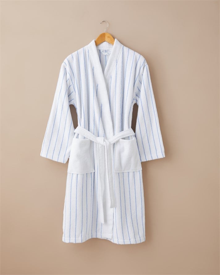 Mono Stripe %100 Pamuk Bornoz L-XL Beyaz - Mavi