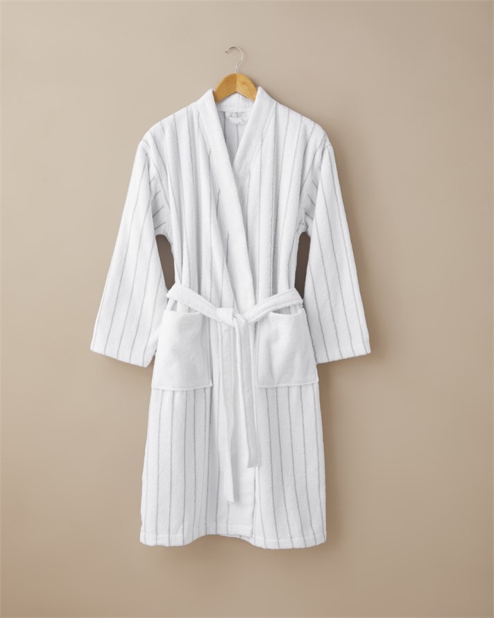 Mono Stripe %100 Pamuk Bornoz L-XL Beyaz - Gri