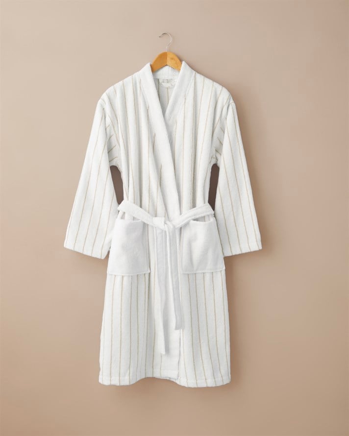 Mono Stripe Pamuk Bornoz Beyaz - Bej