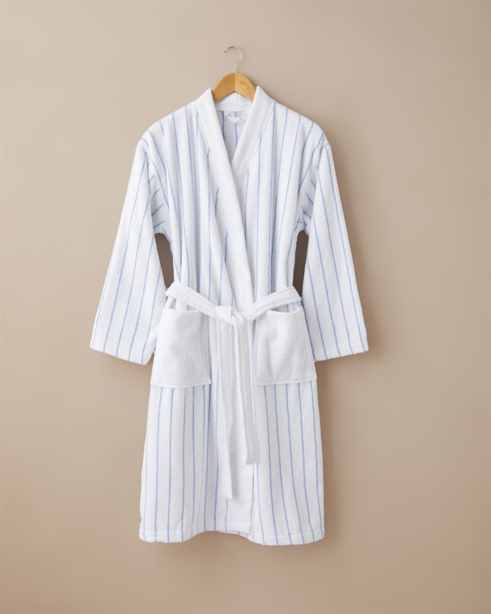 Mono Stripe Pamuk Bornoz Beyaz - Mavi