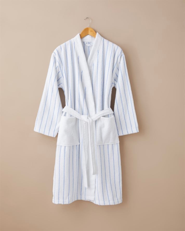 Mono Stripe Pamuk Bornoz Beyaz - Mavi
