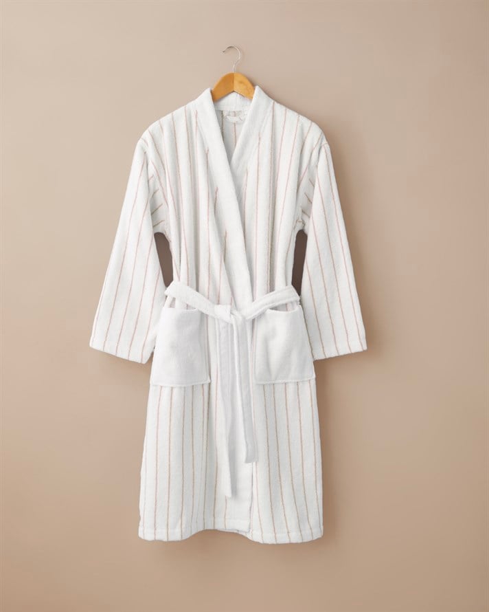 Mono Stripe Pamuk Bornoz Beyaz - Pembe