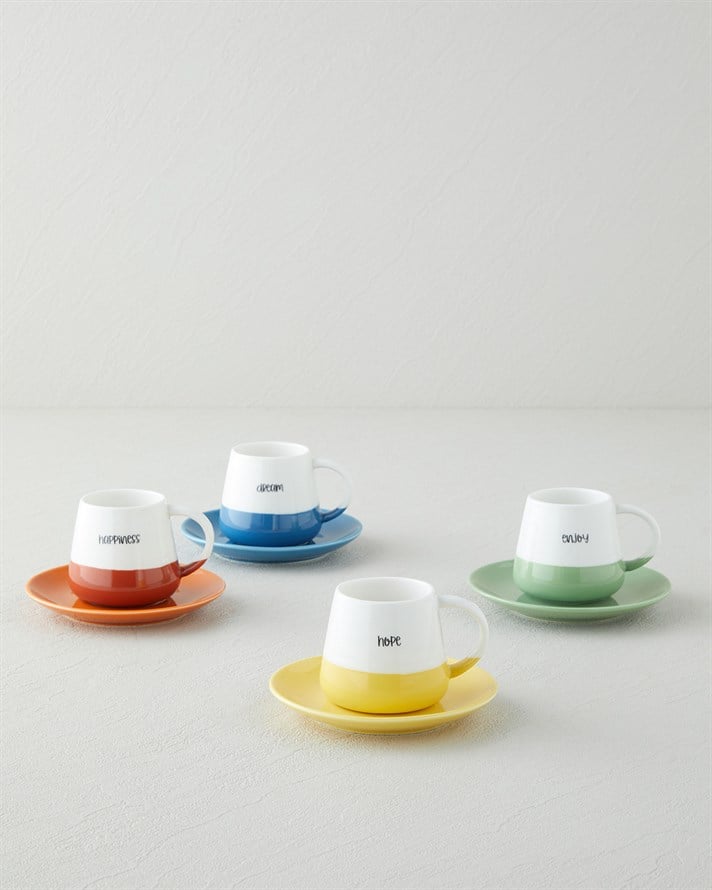 Mood Cups New Bone China 8 Parça 4 Kişilik Kahve Fincan Takımı 90 ml Renkli