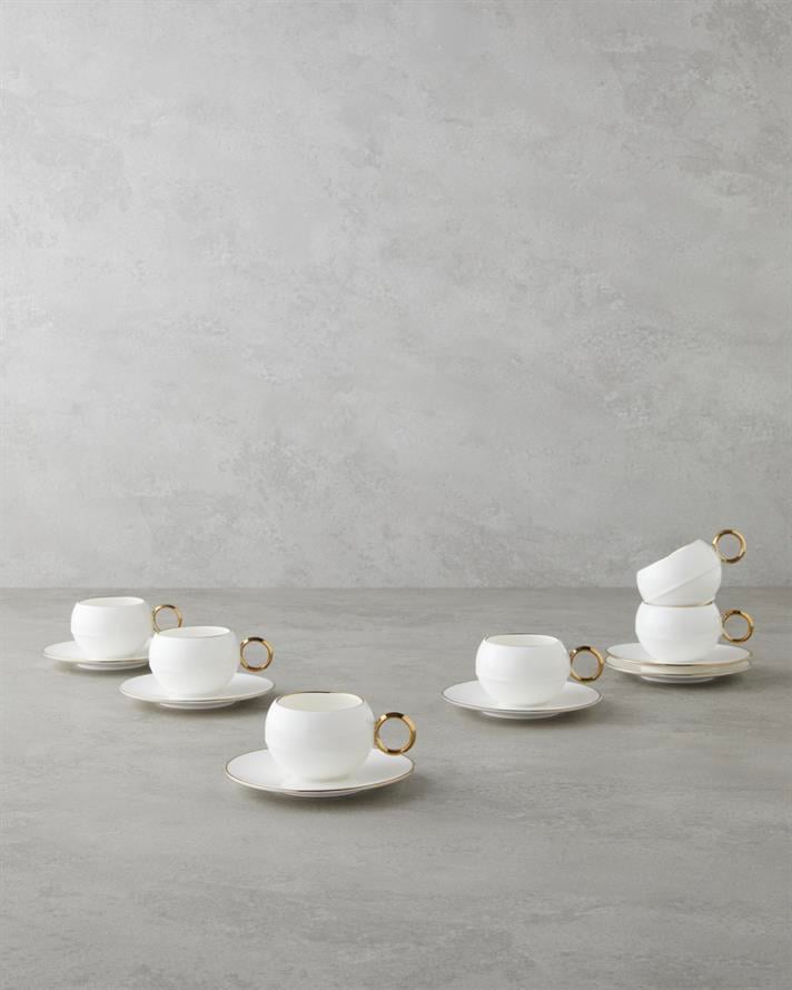 Moonlit Porselen 12 Parça 6 Kişilik Kahve Fincan Takımı 90 ml Beyaz-Gold