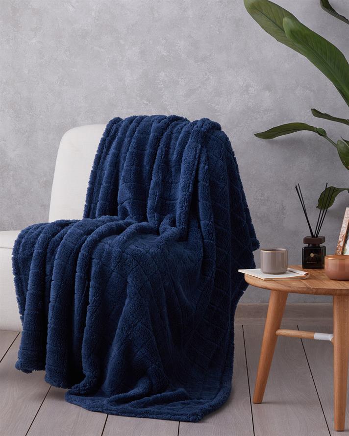 Natural Checkers Jakarlı Wellsoft Tv Battaniye 120x160 cm Gece Mavisi