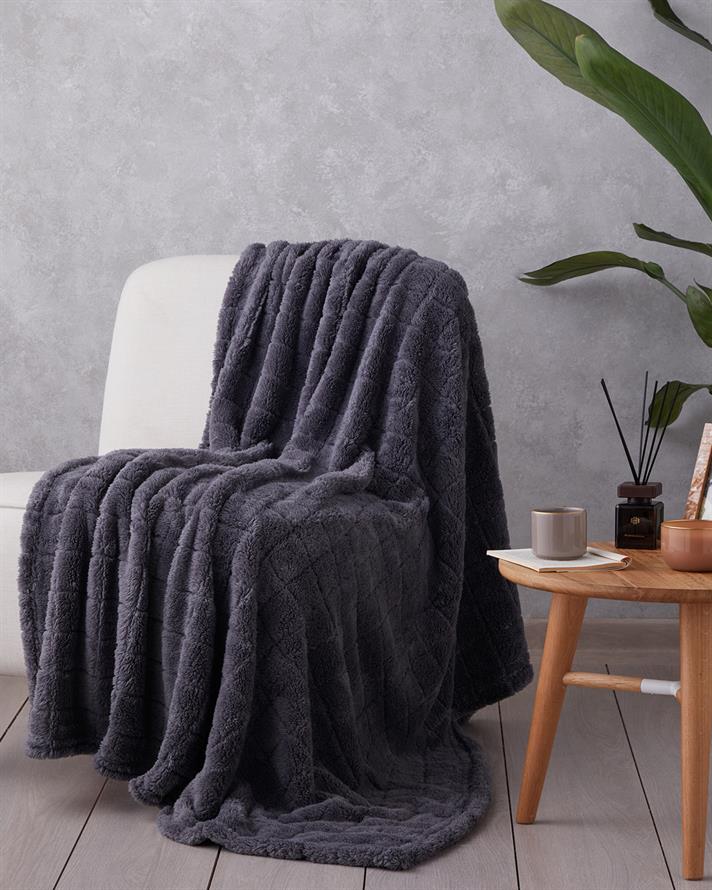 Natural Checkers Jakarlı Wellsoft Tv Battaniye 120x160 cm Antrasit