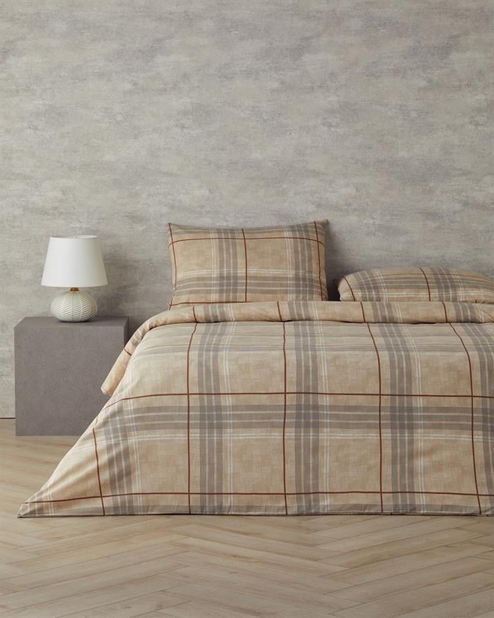 Natural Plaid Kolay Ütülenir Tek Kişilik Çarşaflı Nevresim Takımı 160x220 cm Koyu Bej