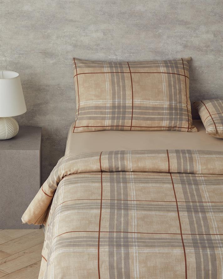 Natural Plaid Kolay Ütülenir Tek Kişilik Çarşaflı Nevresim Takımı 160x220 cm Koyu Bej