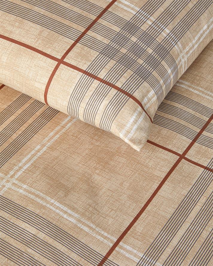 Natural Plaid Kolay Ütülenir Tek Kişilik Çarşaflı Nevresim Takımı 160x220 cm Koyu Bej