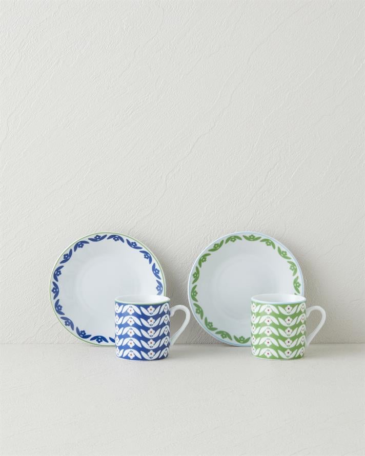 Nixie Flowery Porselen 12 Parça 6 Kişilik Kahve Fincan Takımı 80 ml Yeşil-Mavi