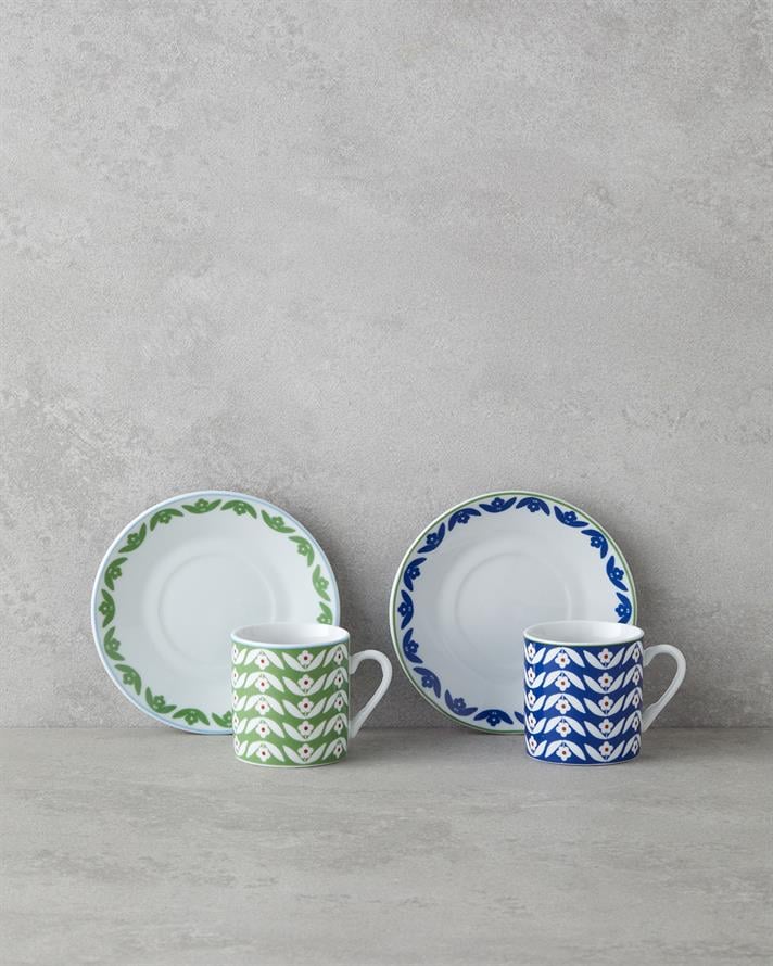 Nixie Porselen 4 Parça 2 Kişilik Kahve Fincan Takımı 80 ml Yeşil-Mavi