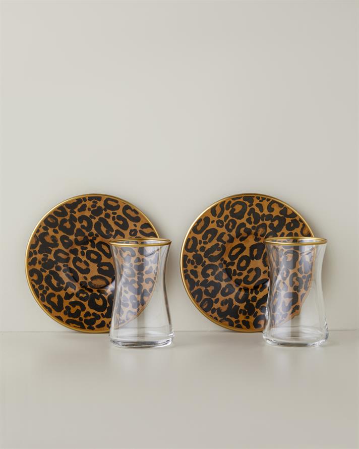 Noctara Cam 4 Parça 2 Kişilik Çay Seti 165 ml Kahverengi-Gold