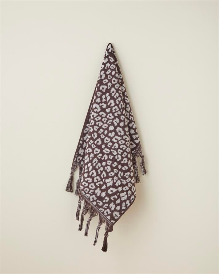 Noir Leopard Pamuk Püsküllü Yüz Havlusu 50x80 cm Ekru-Kahve