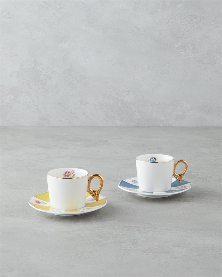 Nostalgia Porselen 4 Parça 2 Kişilik Kahve Fincan Takımı 90 ml Mavi-Sarı