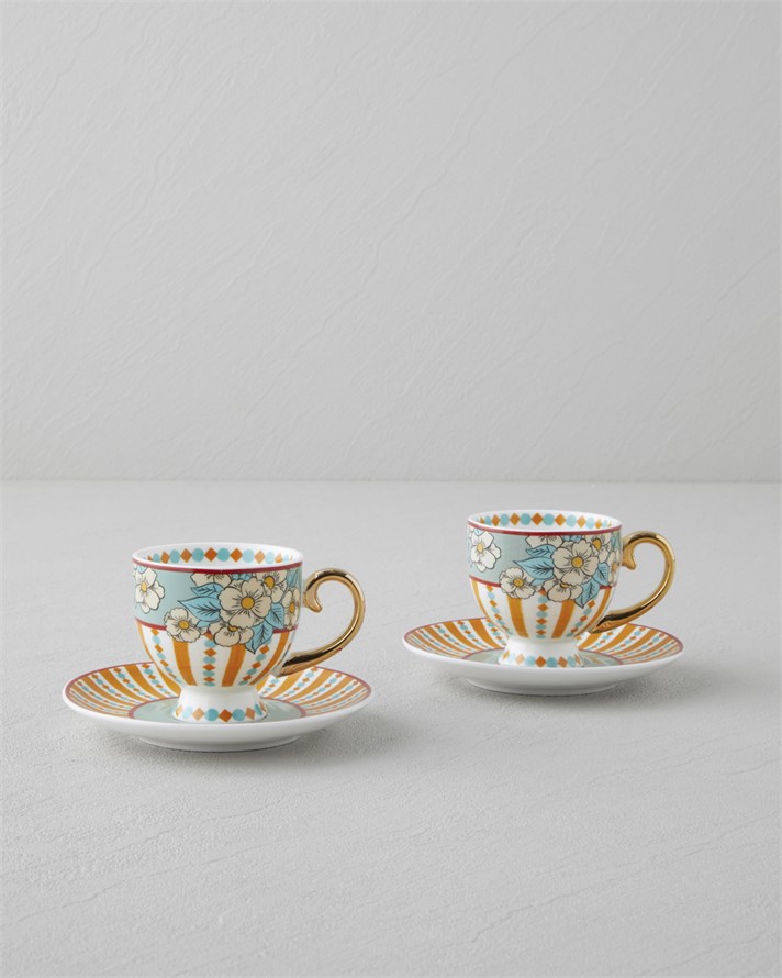 Nostalgic Grace New Bone China 4 Parça 2 Kişilik Kahve Fincan Takımı 100 ml Sarı - Mavi