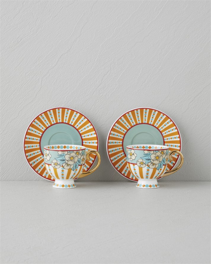 Nostalgic Grace New Bone China 4 Parça 2 Kişilik Kahve Fincan Takımı 100 ml Sarı - Mavi