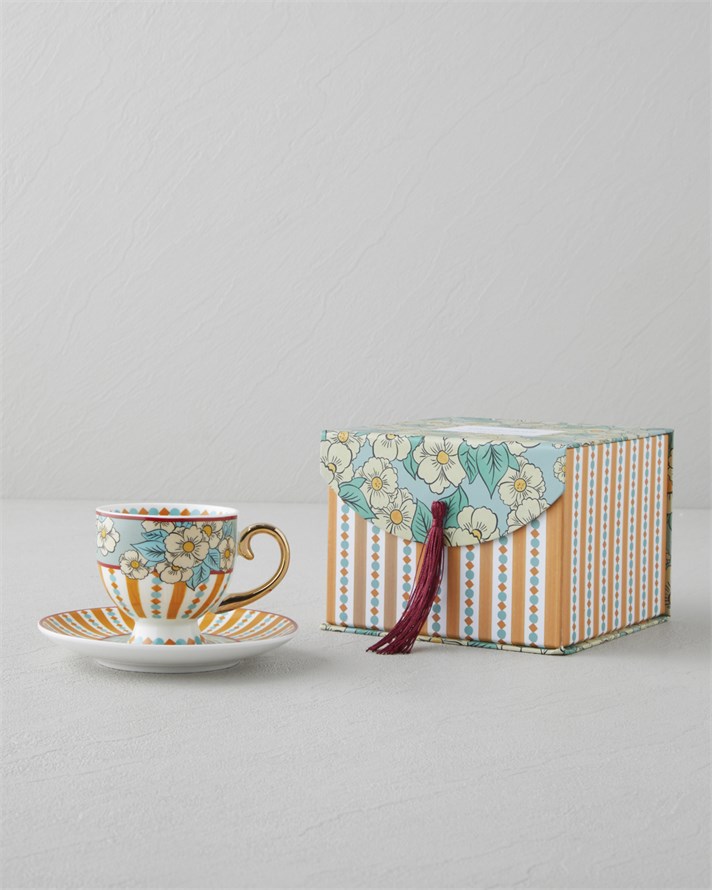 Nostalgic Grace New Bone China 4 Parça 2 Kişilik Kahve Fincan Takımı 100 ml Sarı - Mavi