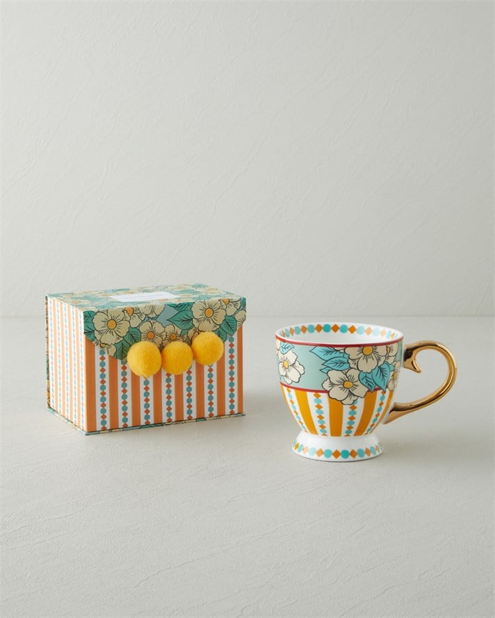 Nostalgic Grace New Bone China Kupa 460 ml Sarı - Mavi