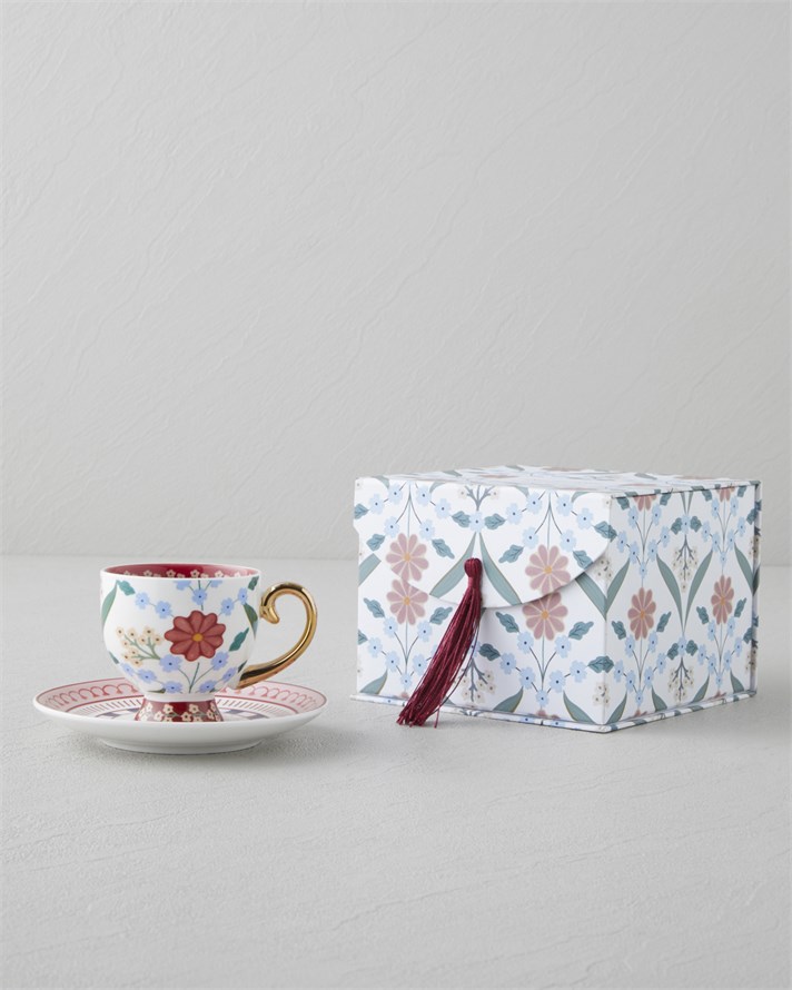 Nostalgic Wildflower New Bone China 4 Parça 2 Kişilik Kahve Fincan Takımı 100 ml Mavi – Bordo