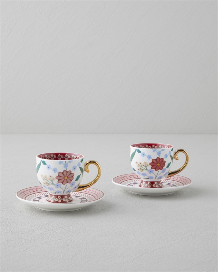 Nostalgic Wildflower New Bone China 4 Parça 2 Kişilik Kahve Fincan Takımı 100 ml Mavi – Bordo
